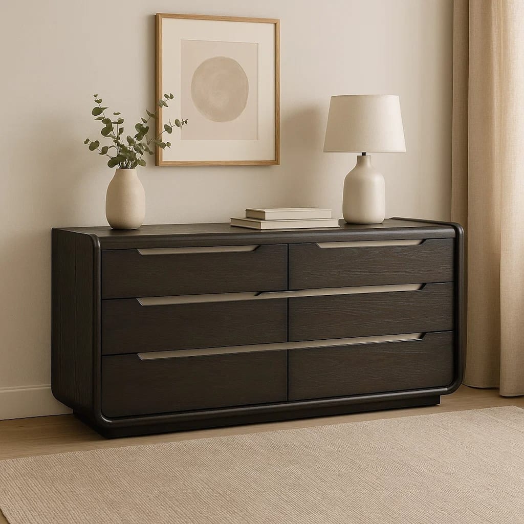 Osko 6 Drawer Wide Dresser, Black Solid Wood with Stainless Steel Trim