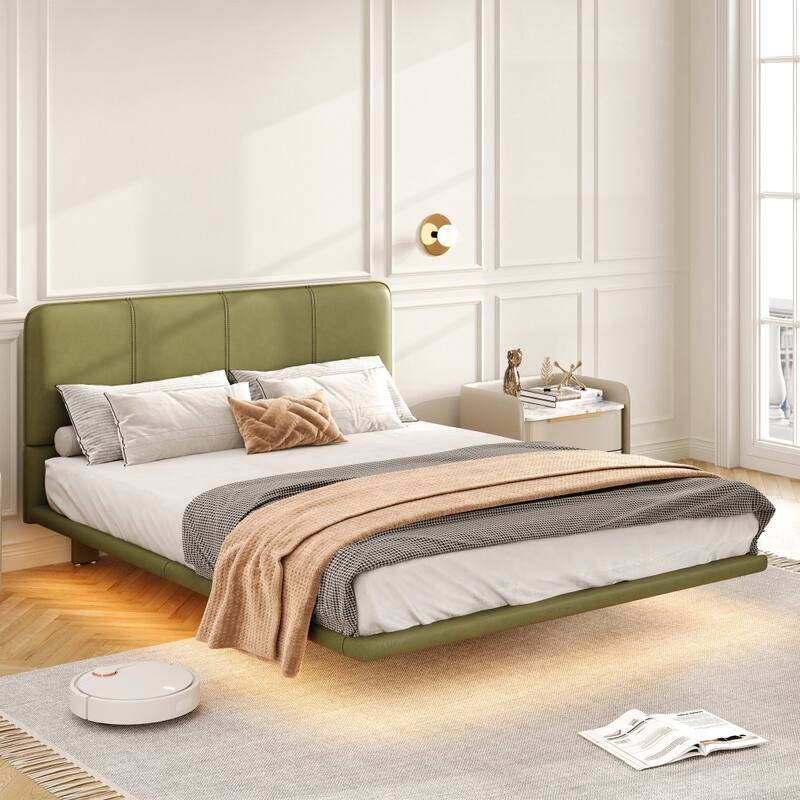 Modern PU Leather Platform Floating Bed with LED Light - Green - Queen