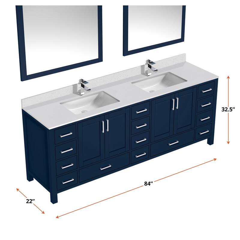 Jacques 84 in. W x 22 in. D Navy Blue Double Bath Vanity, White Quartz Top, Faucet Set, and 34 in. Mirrors