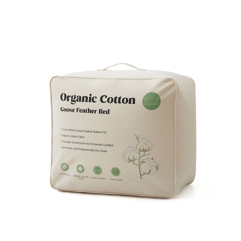 White Goose Feather Bed Fitted Mattress Topper with 100% Organic Cotton Cover