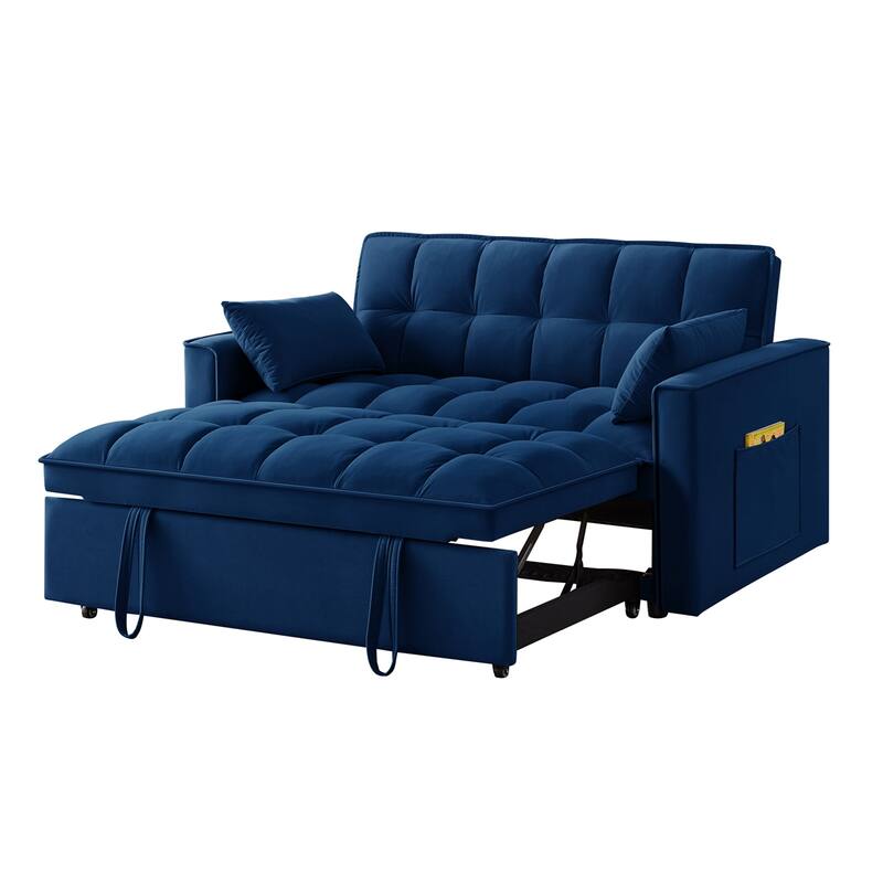 4 in1 Tufted Pull-out Sofa Bed with Backrest, Pillows, Storage Pockets - Navy