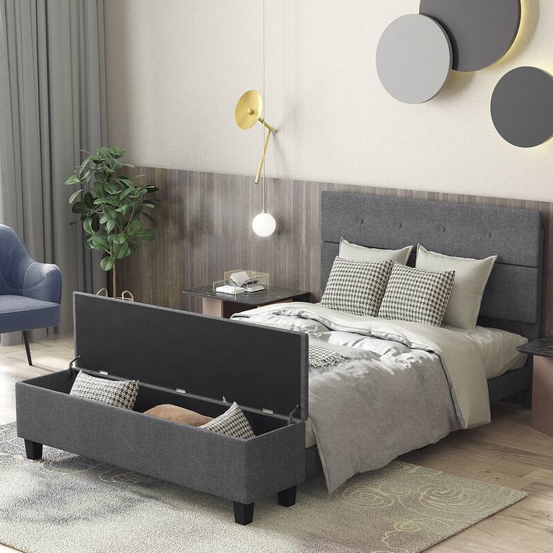 Costway Full Upholstered Bed Frame with Ottoman Storage Linen Button