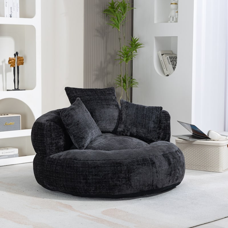 Chenille Oval Bean Bag Chair, Memory Foam Filling Lazy Sofa, Adults Lounge Chair with 3 Pillows & Semi-Wraparound Armrests