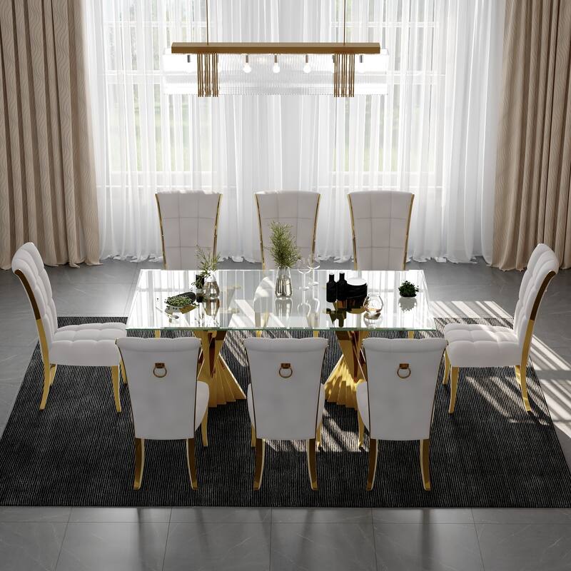 Polished Gold Dining Chairs with White Boucle Upholstery