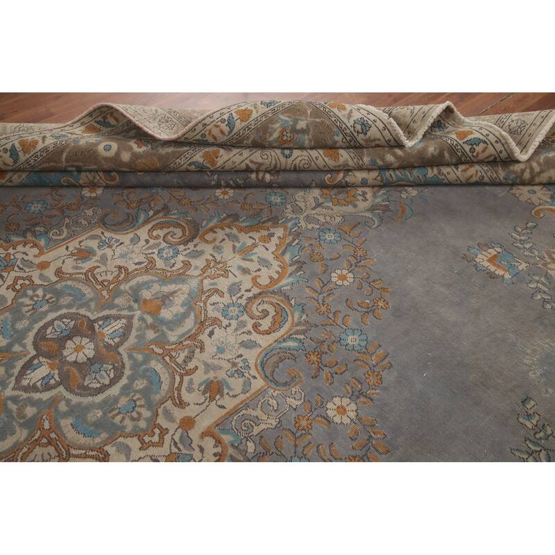 Hand Knotted Oriental 100% Wool Carpet Traditional Medallion Greys & Charcoal Tabriz Area Rug - 12' 8'' X 9' 6''