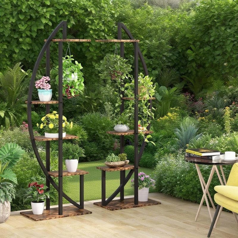 Black-Brown Wood Metal 10-Tier Curved Plant Display Shelf Stand - 19.7" x 11.8" x 63" - Brown