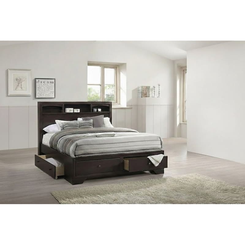 Transitional Style 1pc Bed Set Underbed Drawers Round Knobs Open Shelf Headboard Dark Walnut Finish Bedroom Furniture