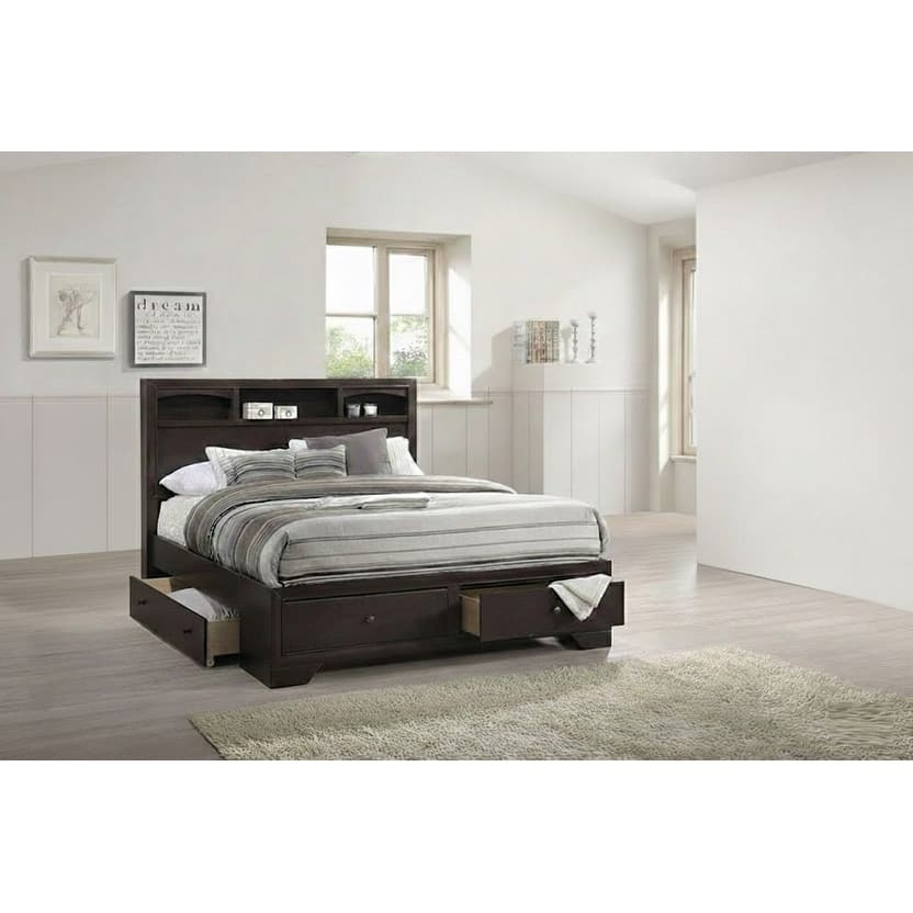 Transitional Style 1pc Bed Set Underbed Drawers Round Knobs Open Shelf Headboard Dark Walnut Finish Bedroom Furniture