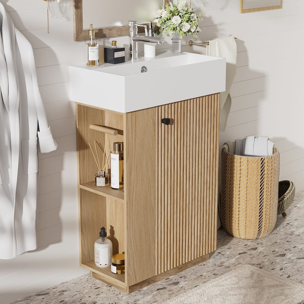 22" Bathroom Vanity with Ceramic Sink - Freestanding Modern Wood Grain Cabinet, Open & Closed Storage for Small Bathrooms