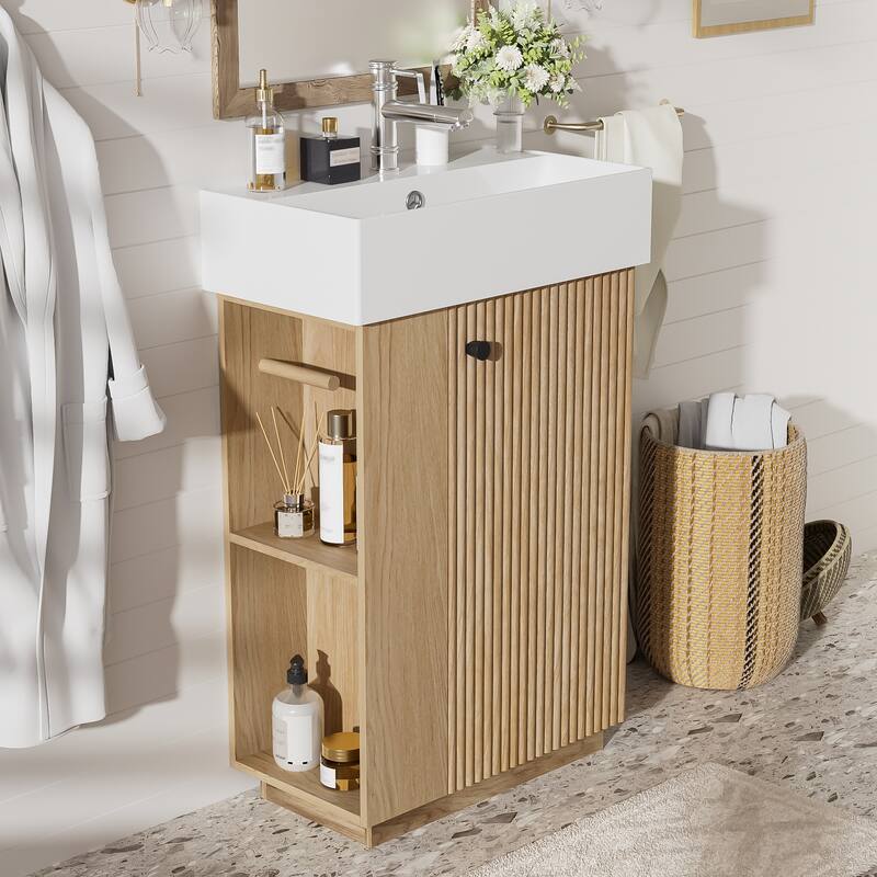 Bathroom Vanity with Sink, Freestanding Wood Bathroom Organzier, Bathroom Cabinet with Two-Tier Shelf & Toilet Paper Holder