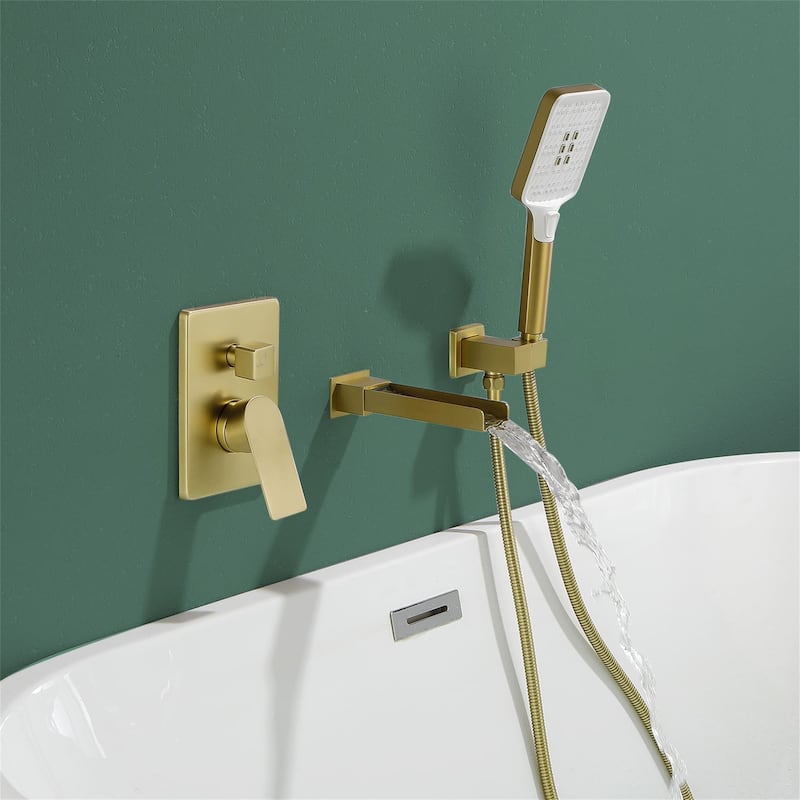 Waterfall Tub Faucet Wall Mounted Single Handle Tub Fillers with Handheld Shower Bathtub Faucet with Rough-in Valve