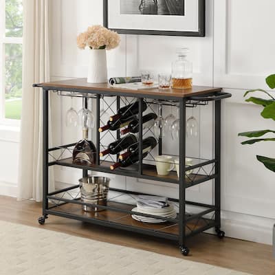 Myhozm Mobile Bar Cart Rolling Kitchen Serving Cart with Wine Bottle Rack