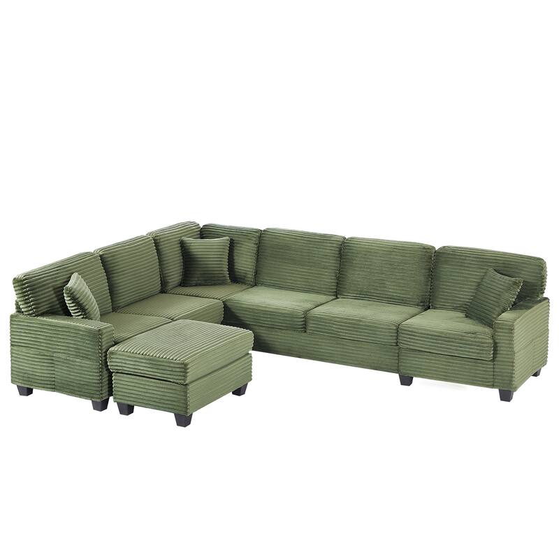 Corduroy U-Shaped Sectional Sofa 125.2" Upholstered Sofa with Movable Footstool and Side Storage Pockets, Pillow