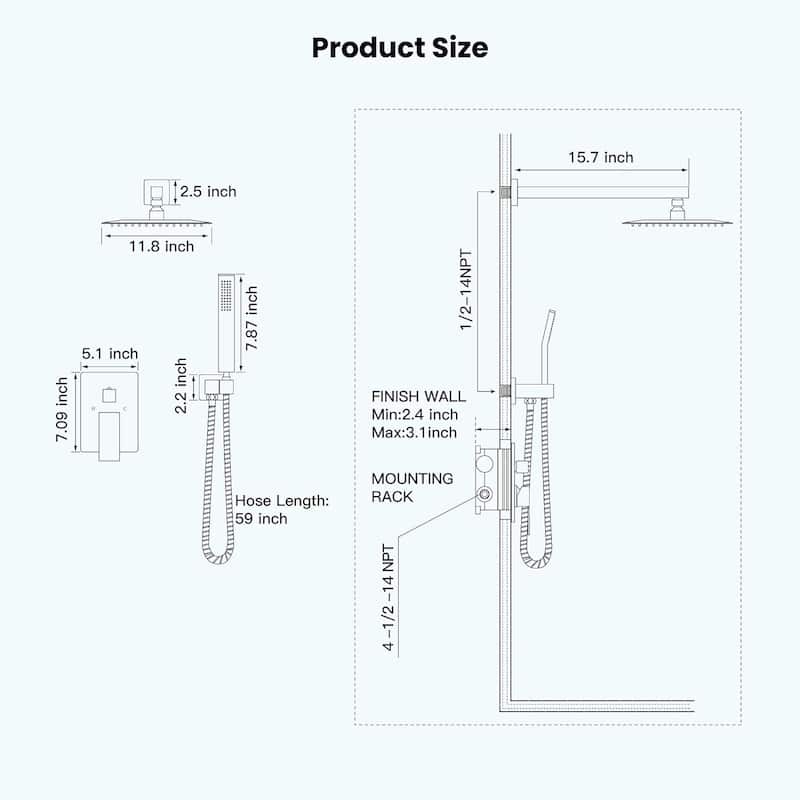 Rainfall Shower System, Dual Heads, Rain Shower Head and Handle Set Wall Mounted, High Pressure, Shower Faucet & Body Jets