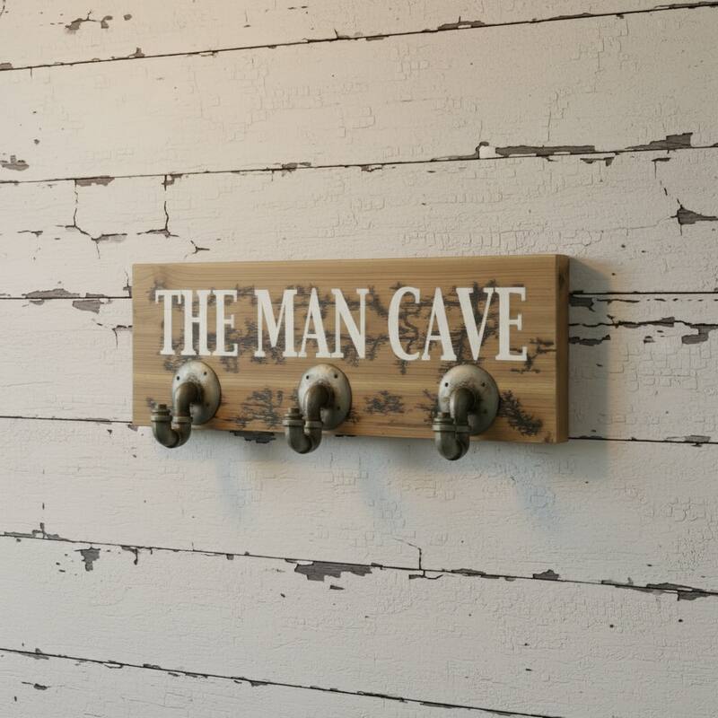 HomeRoots 12" X 27" Natural Silver And White Man Cave Metal And Wood Wall Decor With Hooks - White/Silver/Natural - 26.50 in. x 11.50 in.  x 6.50 in.