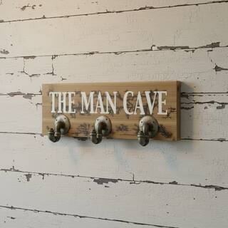 HomeRoots 12" X 27" Natural Silver And White Man Cave Metal And Wood Wall Decor With Hooks
