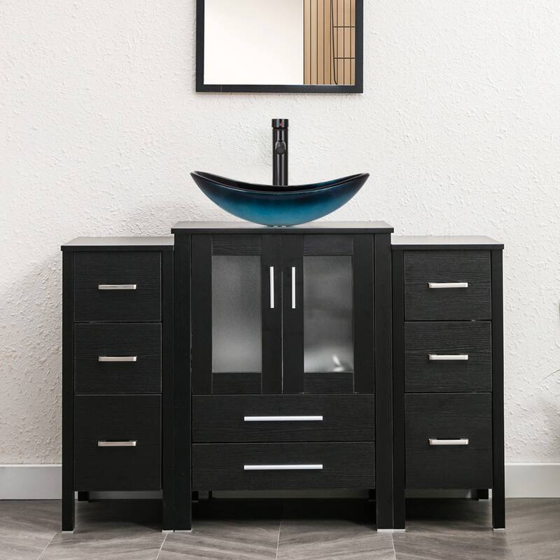 48" Bathroom Vanity Set Vessel Sink Faucet W/ Small Cabinet Combo - Glass blue boat sink - Black