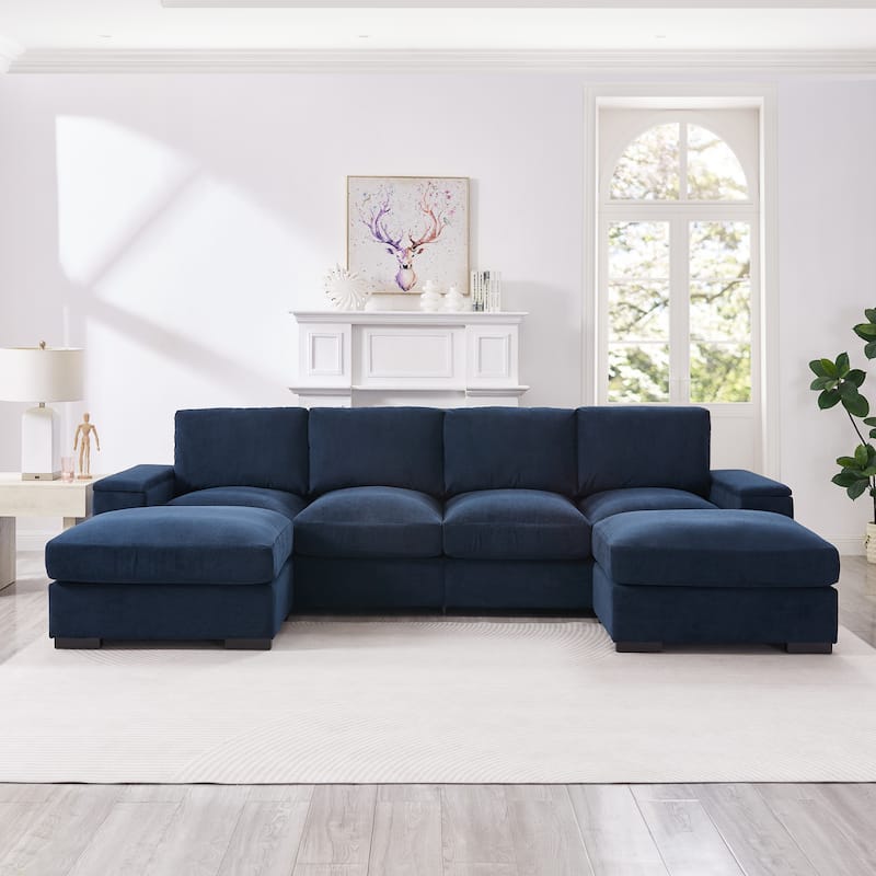 U-Shaped Sectional Sofa with Movable Ottomans, Comfy Corduroy Deep Seat Sofa, Large 4 Seat Sofa with Storage Armrests - Dark Blue