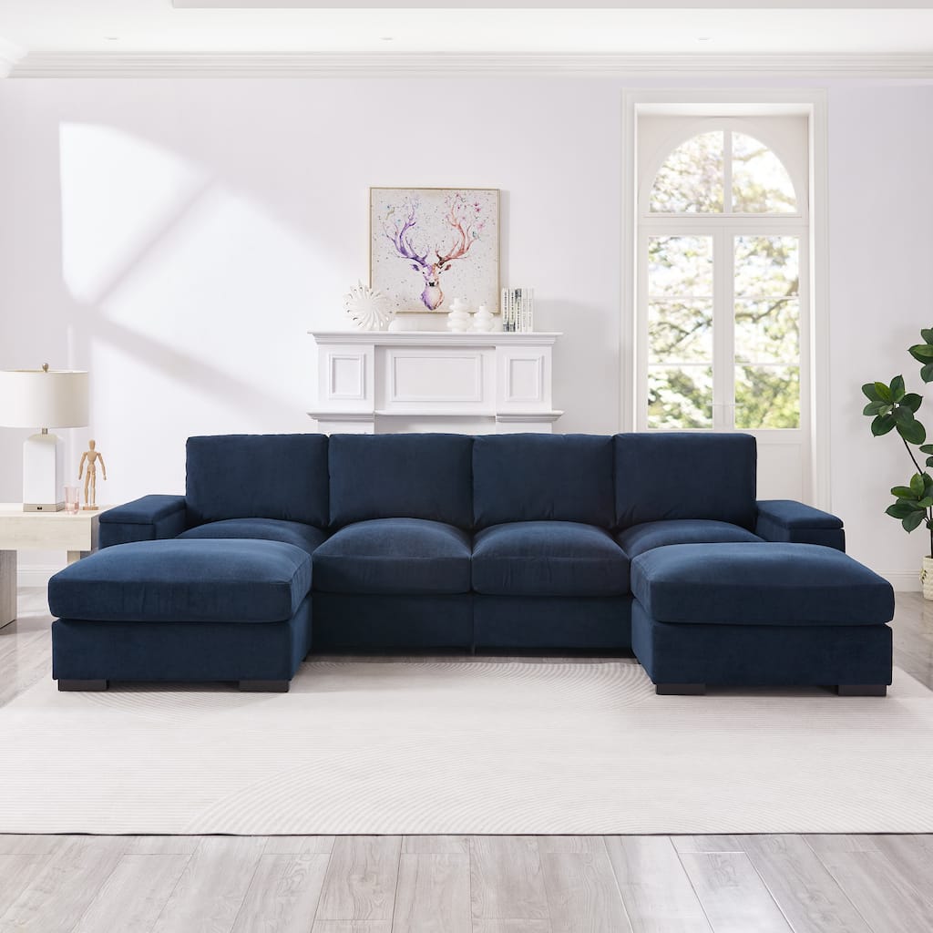 U-Shaped Sectional Sofa with Movable Ottomans, Comfy Corduroy Deep Seat Sofa, Large 4 Seat Sofa with Storage Armrests