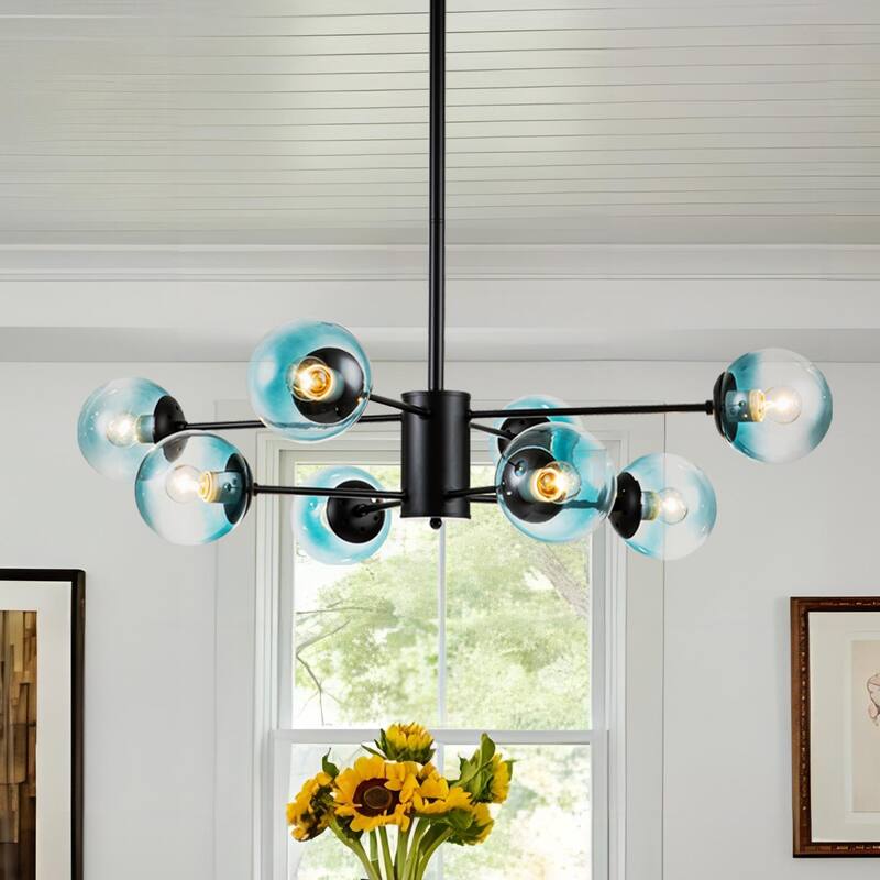 8-Light Modern 2-Tier Sputnik Linear Cluster Gradient Blue Clear Glass Globe Bubble Chandelier - Blue Glass - Black