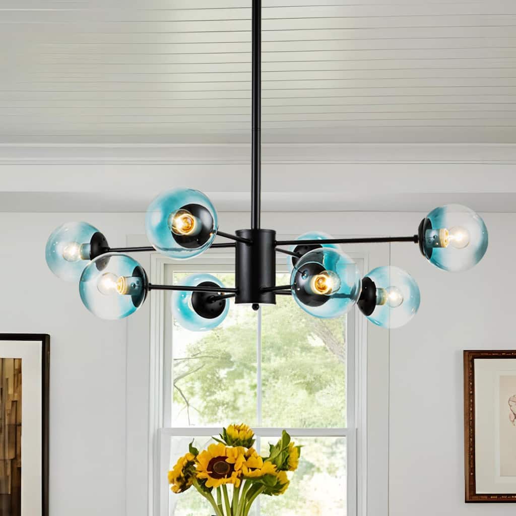 Rennnsan 8-Light Modern 2-Tier Sputnik Linear Cluster Gradient Blue Clear Glass Globe Bubble Chandelier
