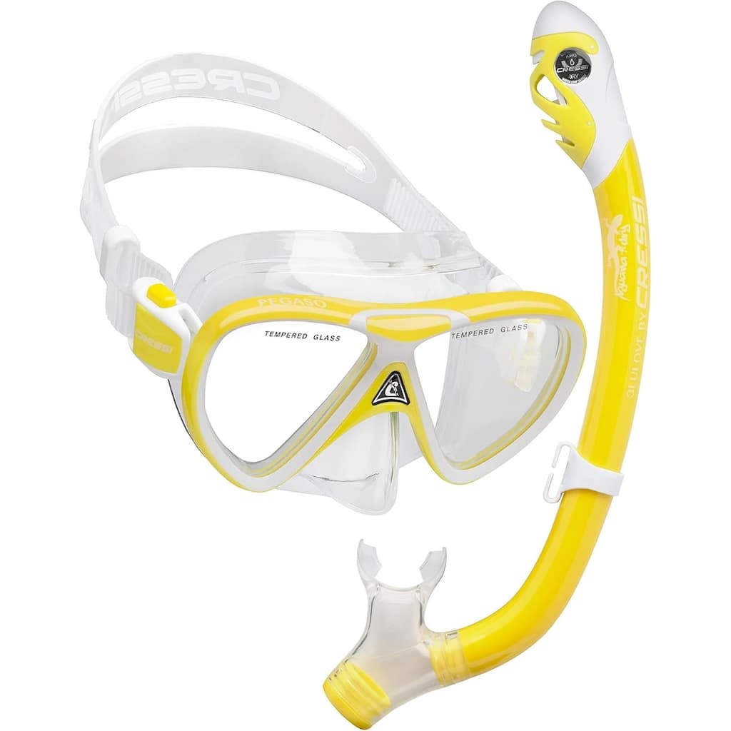 Cressi Mask & Dry Snorkel Silicone Swimming Set Junior Combo, Yellow/White