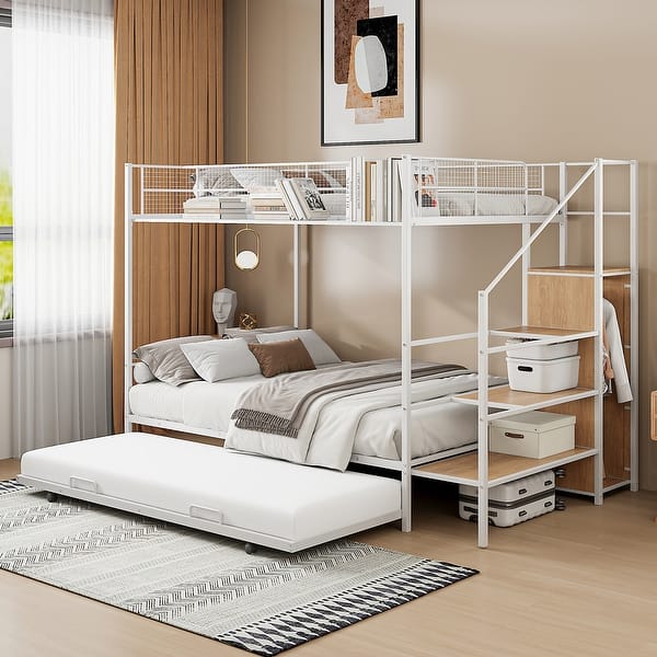 slide 2 of 14, Retro Style Twin Over Full Metal Bunk Bed with Trundle White