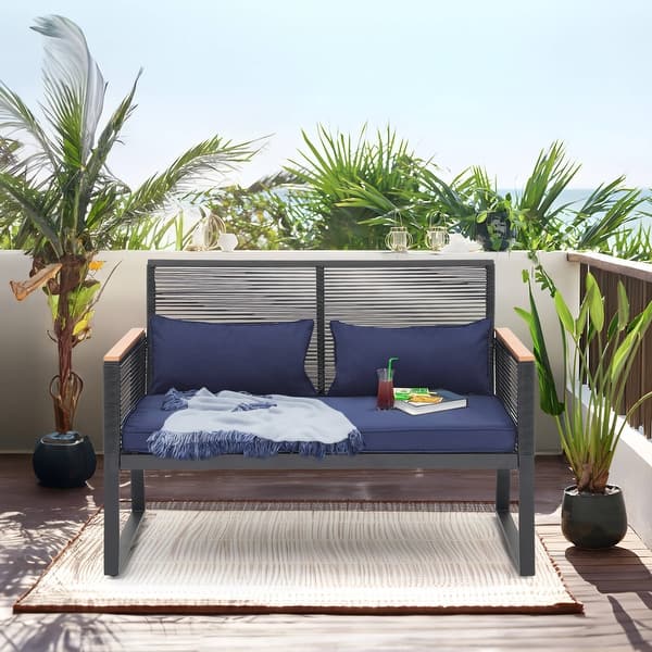 slide 2 of 18, Patio Wicker Loveseat with Cushions Black/Navy