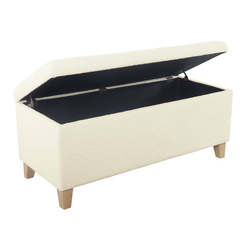 Liv 42 Inch Cream Sherpa Storage Bench Ottoman with Natural Brown Wood