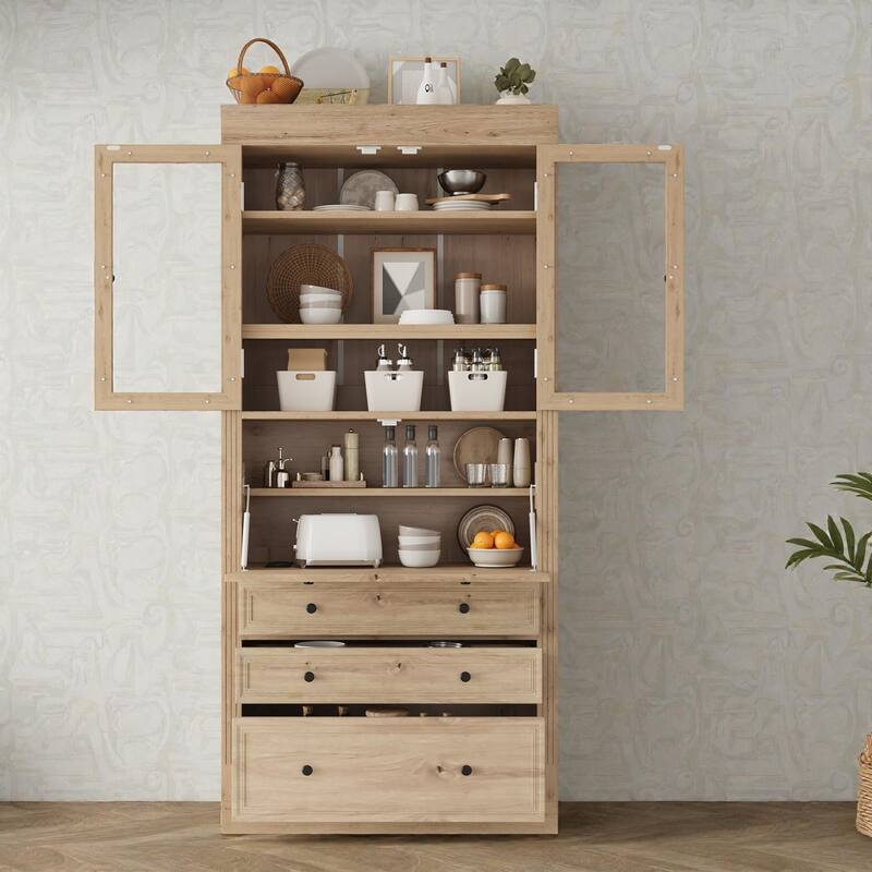 78" Freestanding Kitchen Pantry Cabinet with 3 Drawers, Glass Doors, Adjustable Shelves and Built-In Power Outlet