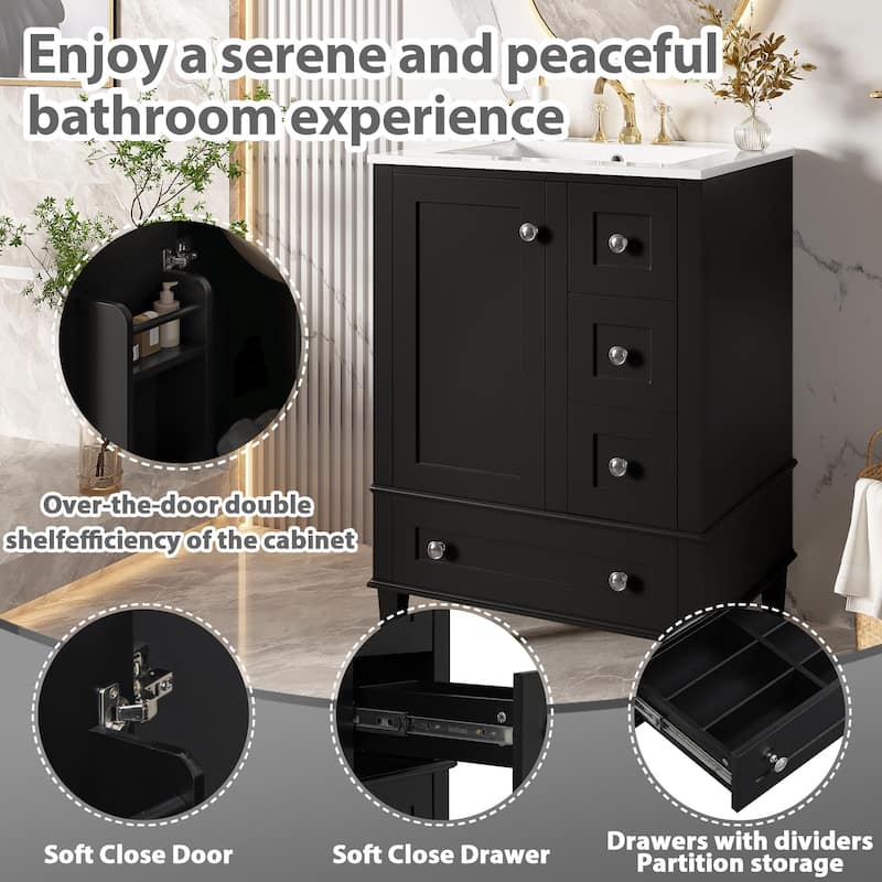 24" Bathroom Vanity with Integrated Ceramic Sink, Soft-Close Drawers and Door, Cabinet with Door Storage Rack