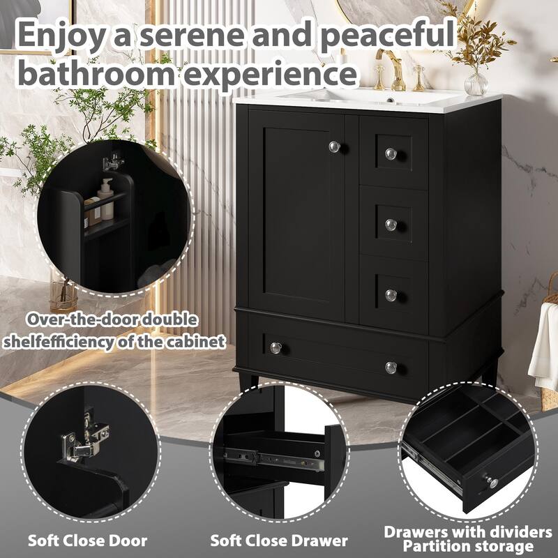 24 Inch Single Sink Bathroom Vanity, Integrated Ceramic Basin Bathroom Storage Cabinet