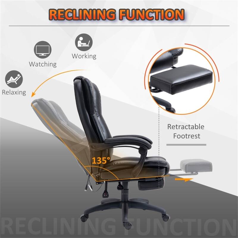Black PU Leather Reclining Massage Office Chair with Footrest and Swivel - 27" W x 27" D x 44.5" -47.75" H