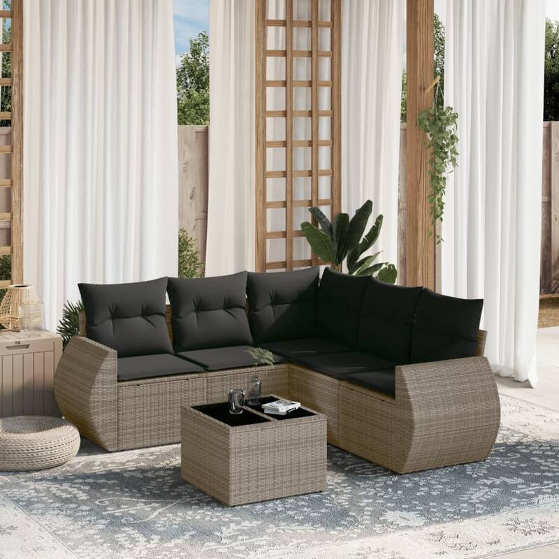 vidaXL Patio Sofa Set with Cushions Outdoor Conversation Furniture Poly Rattan - Gray - 21.7 x 21.7 x 14.6
