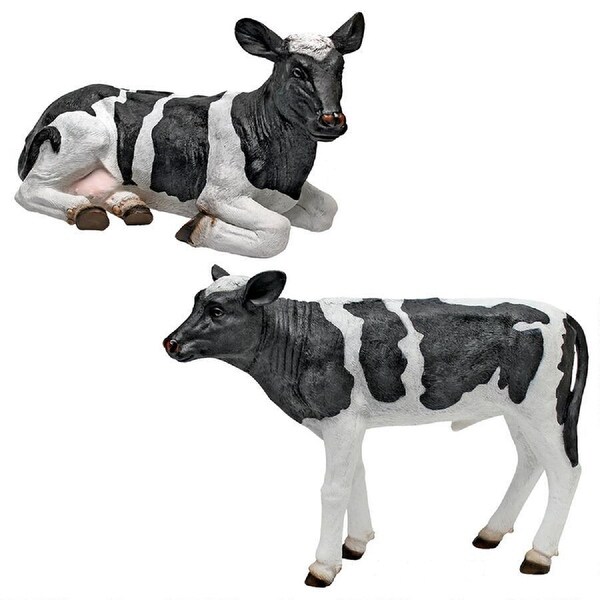 Set Of 2 Cow Lounging And Standing Outdoor Garden Statues - N/A