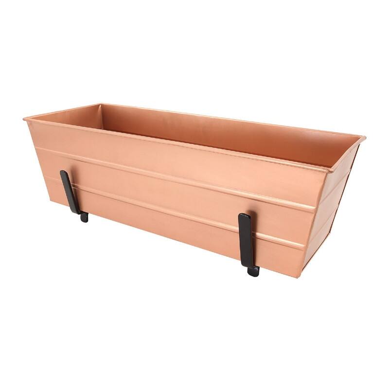 Achla Designs Medium Galvanized Steel Flower Box Planter With Brackets for 2 x 6 Railings, 24 Inch Wide - Copper Plated