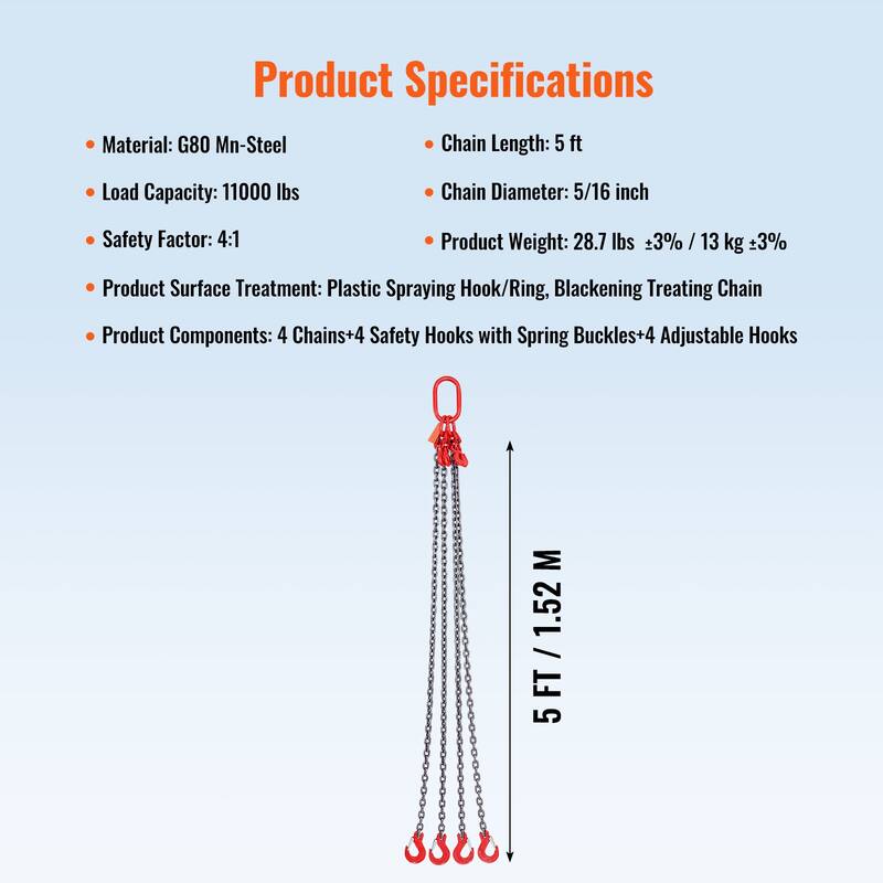 Chain Sling, 5/16 inch x 5 ft Lifting Chains with Hooks, G80 Engine Chain Hoist Lifts, 11000 lbs/5 Ton Lifting Sling Chains