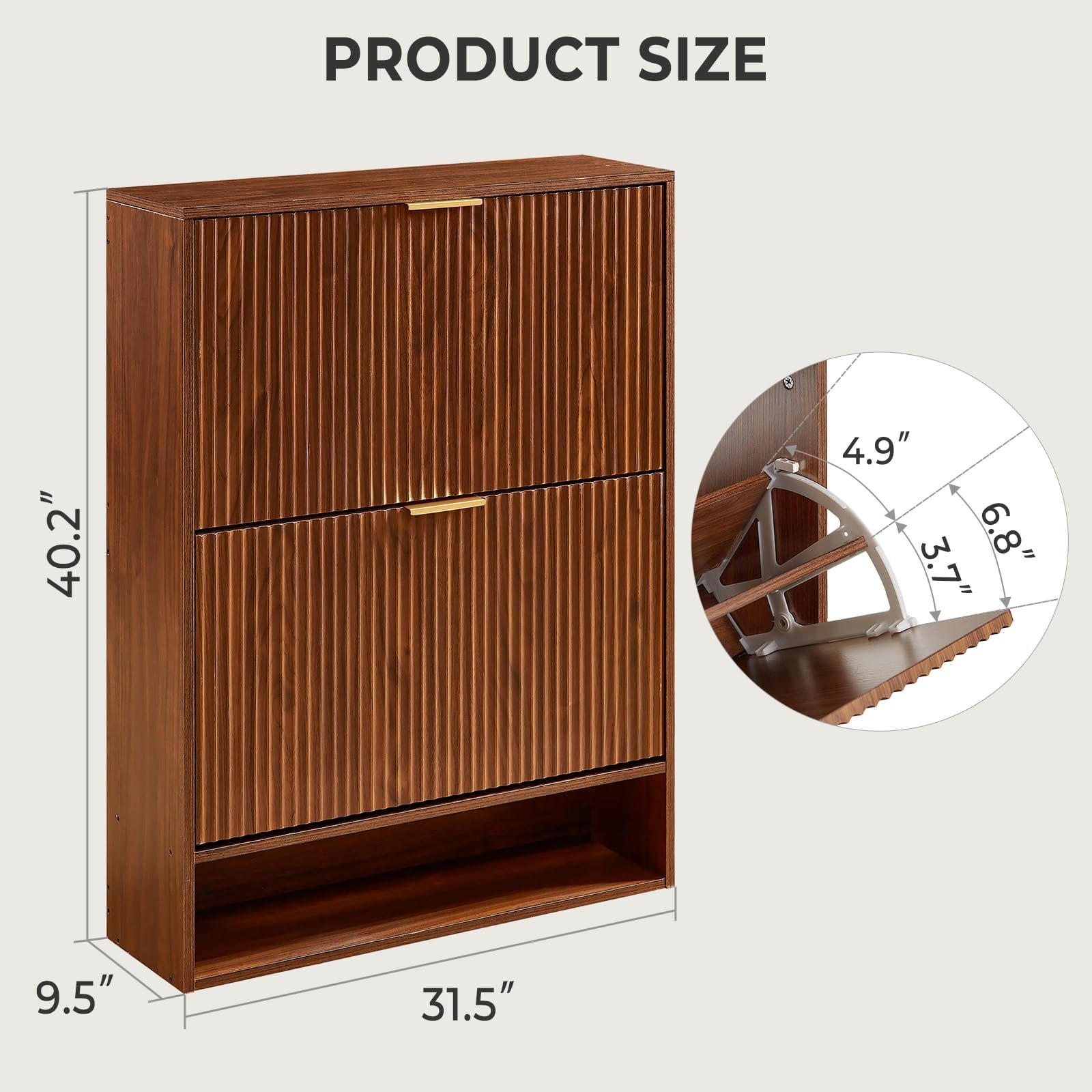 31.5''W Walnut Slim Shoe Cabinet, Fluted Hidden Shoe Storage Cabinet with 2 Flip Drawers