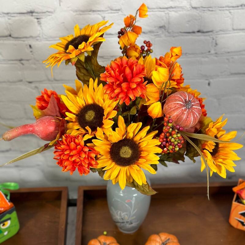 18 Stems Artificial Sunflower Bush, Gold/Orange - 20 Inch - 20 Inch