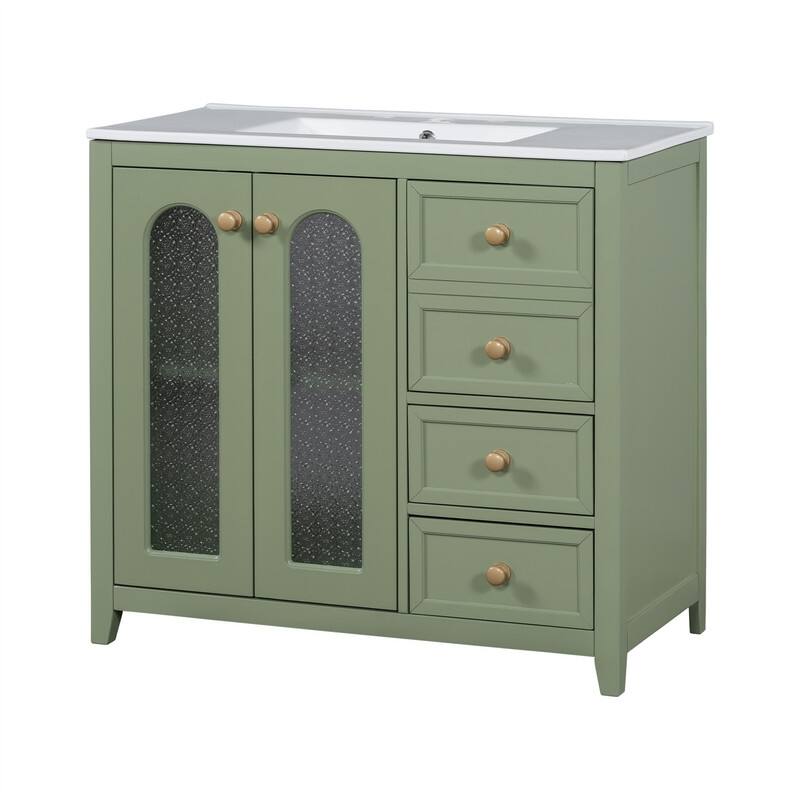 36'' Bathroom Vanity with Ceramic Sink Top, Bathroom Storage Cabinet with 2 Soft Close Doors, 3 Drawers and Adjustable Shelf