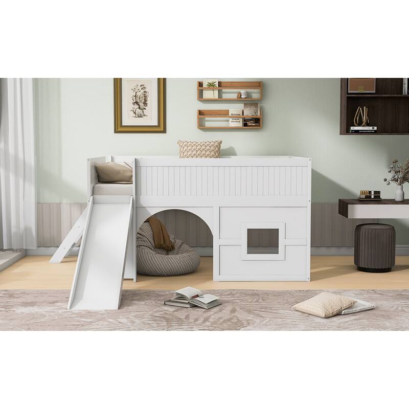 Roomfitters Full Low Loft Bed with Slide, Storage Shelves and Window Design