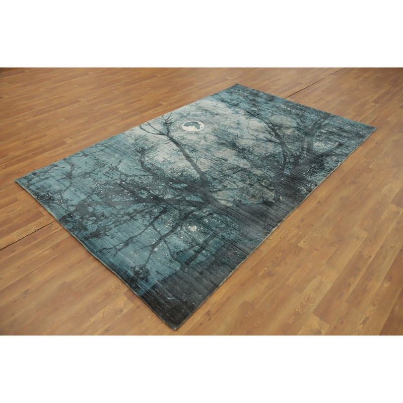 Hand-knotted Modern Silk Green Abstract Oriental Area Rug - 7' 11'' X 4' 11''