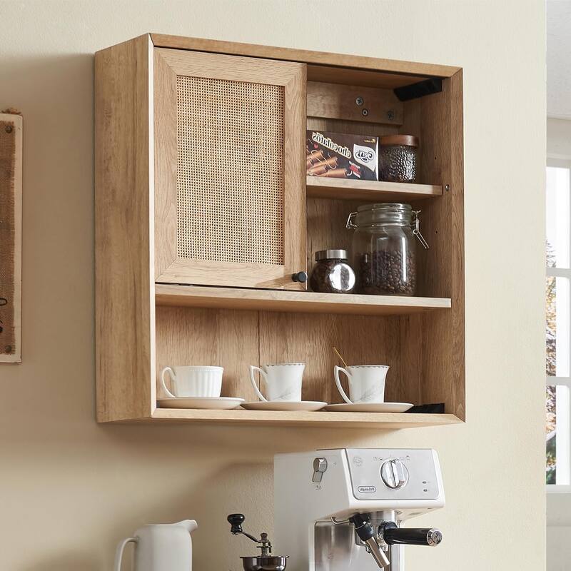 Hand-Woven Rattan Wall Storage Cabinet, Modern Medicine Cabinet - Natural Oak