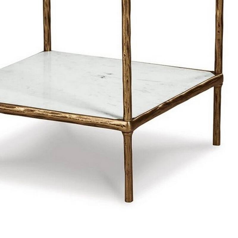 Dalie 25 Inch Accent Table, Square Glass Tabletop, Marble, Antique Gold