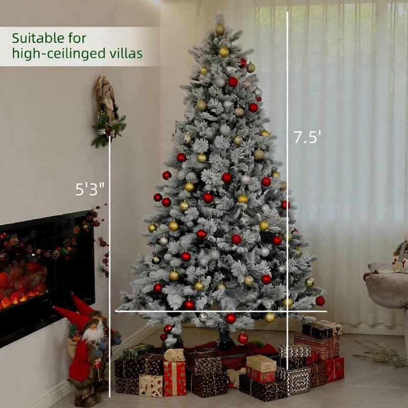 Flocked Artificial Christmas Tree - Clear Lights, Metal Stand, Home Holiday Decor - Green