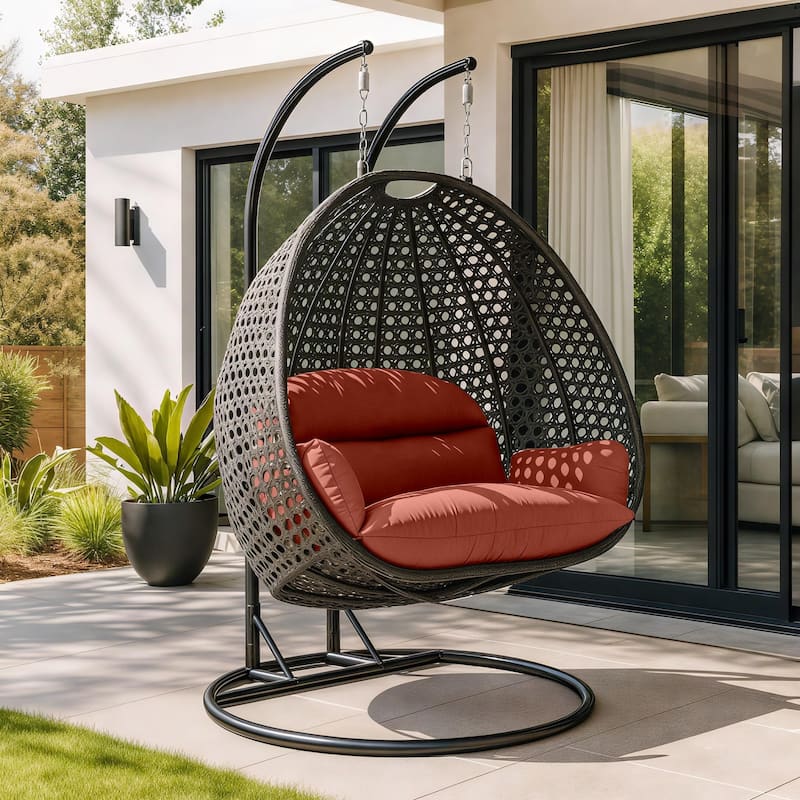 Leisuremod Modern Hanging Egg Swing Chair for 2-Person with Metal Stand, Charcoal Wicker, Patio Hammock Lounger with Cushions
