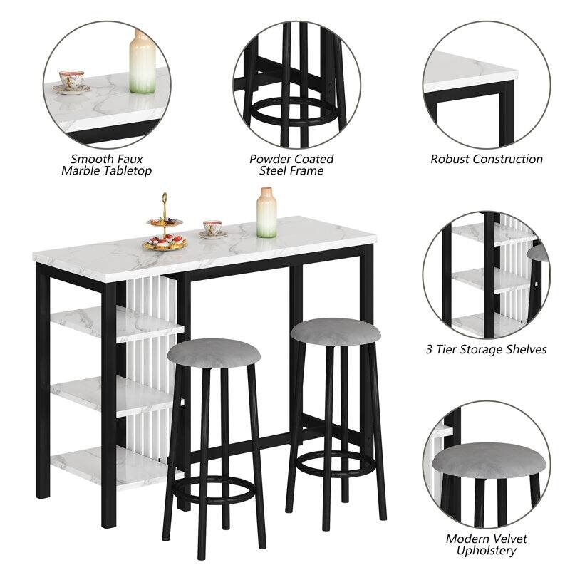 Bar Table Set with Storage Shelves, Faux Marble Breakfast Table with 2 Velvet Stools for Kitchen/Dinning Room/Living Room/Studio