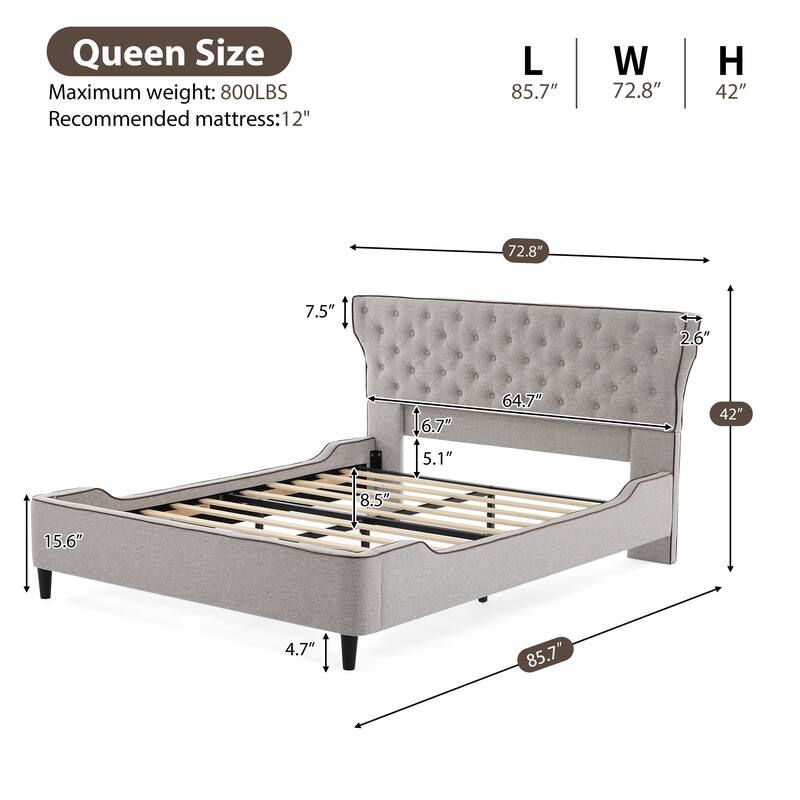 Christopher Knight Home - Aveline Modern Upholstered Platform Bed with Curved Back Headboard and Button Tufted Design