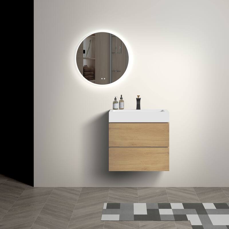 Single Sink Wall-Mounted Bath Vanity in Oak with White Solid Surface Top - 24'' x 18.1''