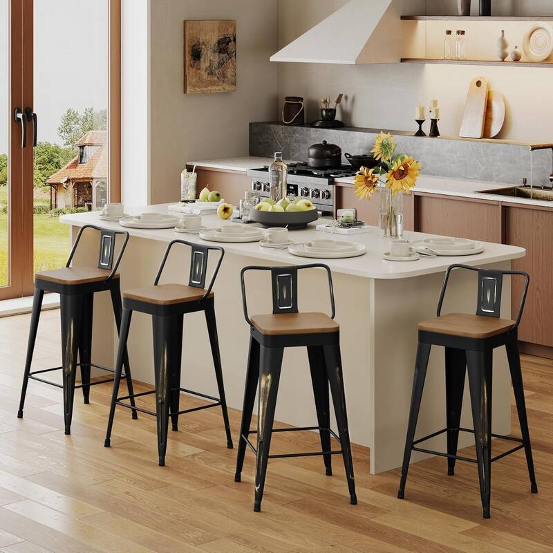 Industrial Style Counter Stools with Metal Frame 24" Kitchen Counter Height Stools with Low Back and Wooden Seat - Distressed Gold